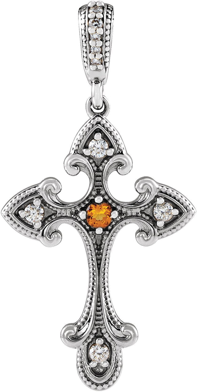 Platinum Round Natural Citrine Cross Necklace or Pendant