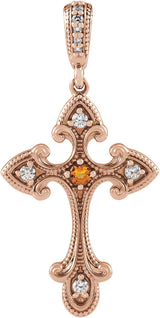 14K Gold Round Natural Citrine Cross Necklace or Pendant - Rose Gold