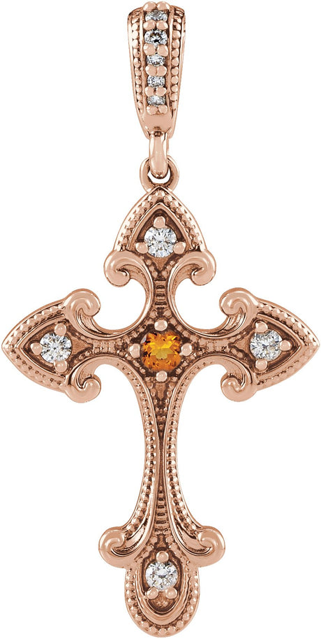 14K Gold Round Natural Citrine Cross Necklace or Pendant - Rose Gold