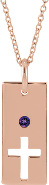 14K Gold Round Natural Amethyst Accented Cross Bar Necklace or Pendant - Rose Gold
