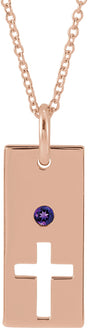 14K Gold Round Natural Amethyst Accented Cross Bar Necklace or Pendant - Rose Gold