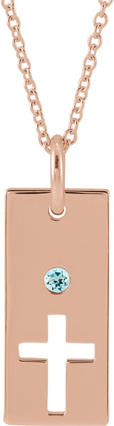14K Gold Round Natural Aquamarine Accented Cross Bar Necklace or Pendant - Rose Gold