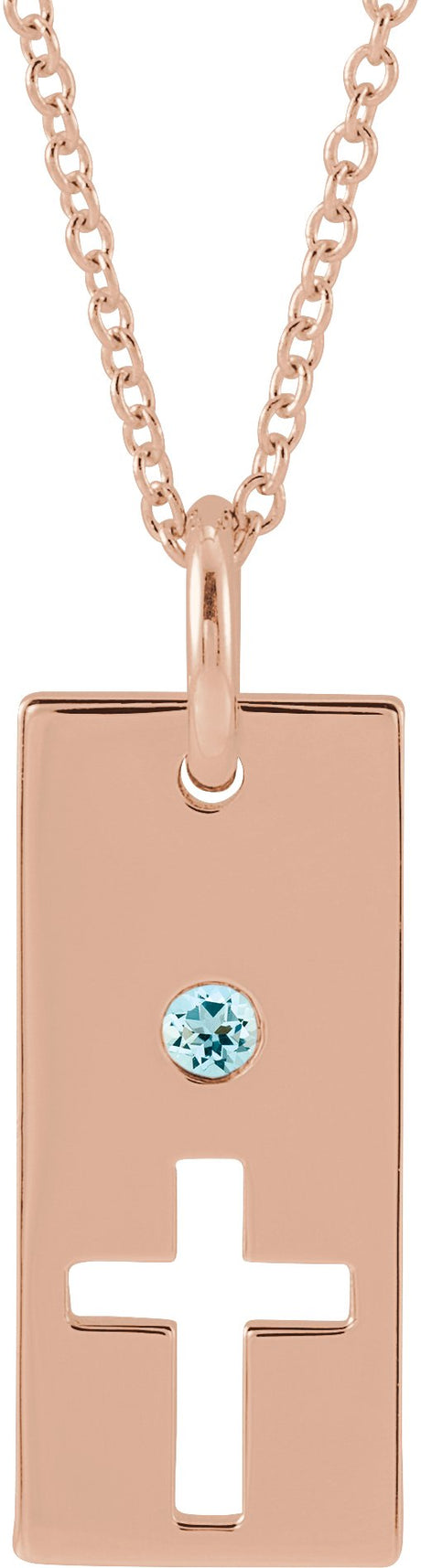 14K Gold Round Natural Aquamarine Accented Cross Bar Necklace or Pendant - Rose Gold