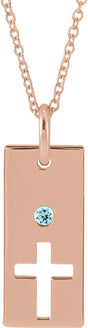 14K Gold Round Natural Aquamarine Accented Cross Bar Necklace or Pendant - Rose Gold