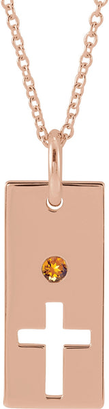 14K Gold Round Natural Citrine Accented Cross Bar Necklace or Pendant - Rose Gold