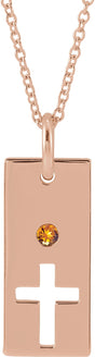 14K Gold Round Natural Citrine Accented Cross Bar Necklace or Pendant - Rose Gold