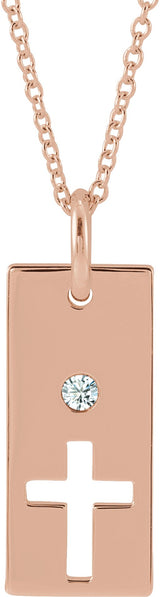 14K Gold Round Natural Diamond Accented Cross Bar Necklace or Pendant - Rose Gold