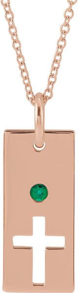 14K Gold Round Natural Emerald Accented Cross Bar Necklace or Pendant - Rose Gold