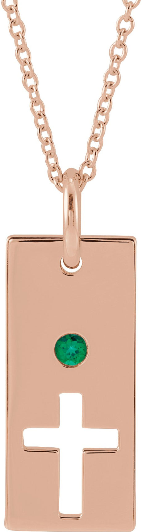 14K Gold Round Natural Emerald Accented Cross Bar Necklace or Pendant - Rose Gold