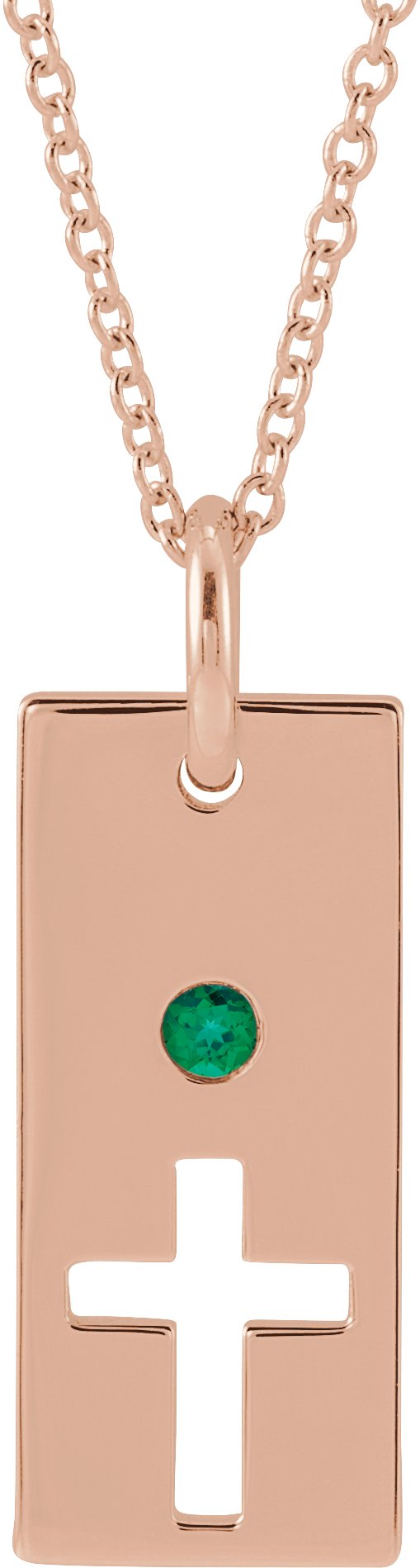 14K Gold Round Natural Emerald Accented Cross Bar Necklace or Pendant - Rose Gold