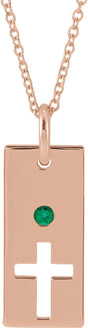 14K Gold Round Natural Emerald Accented Cross Bar Necklace or Pendant - Rose Gold