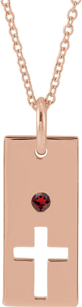 14K Gold Round Natural Mozambique Garnet Accented Cross Bar Necklace or Pendant - Rose Gold