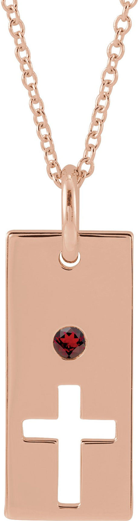 14K Gold Round Natural Mozambique Garnet Accented Cross Bar Necklace or Pendant - Rose Gold