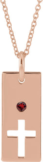 14K Gold Round Natural Mozambique Garnet Accented Cross Bar Necklace or Pendant - Rose Gold