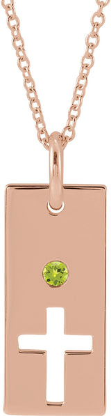 14K Gold Round Natural Peridot Accented Cross Bar Necklace or Pendant - Rose Gold