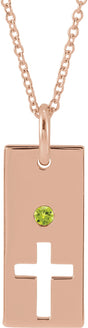 14K Gold Round Natural Peridot Accented Cross Bar Necklace or Pendant - Rose Gold