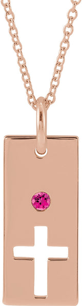 14K Gold Round Natural Pink Tourmaline Accented Cross Bar Necklace or Pendant - Rose Gold
