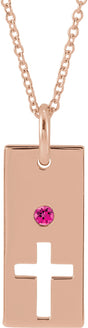14K Gold Round Natural Pink Tourmaline Accented Cross Bar Necklace or Pendant - Rose Gold