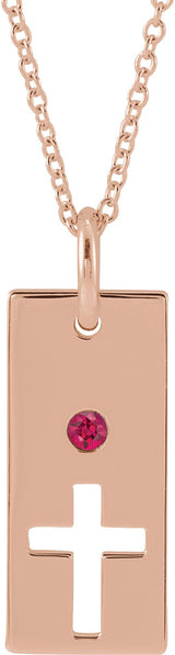 14K Gold Round Natural Ruby Accented Cross Bar Necklace or Pendant - Rose Gold