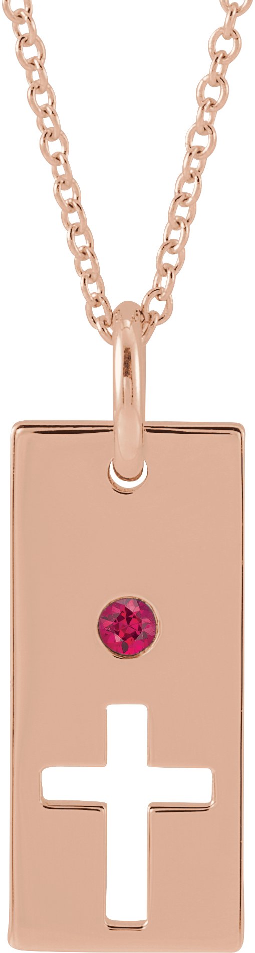 14K Gold Round Natural Ruby Accented Cross Bar Necklace or Pendant - Rose Gold