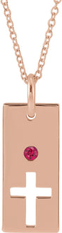 14K Gold Round Natural Ruby Accented Cross Bar Necklace or Pendant - Rose Gold