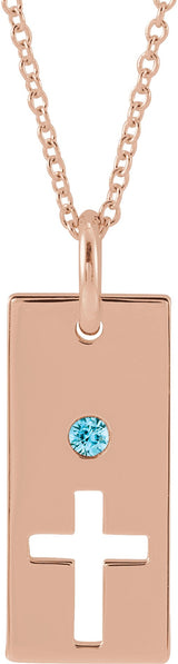 14K Gold Round Natural Blue Zircon Accented Cross Bar Necklace or Pendant - Rose Gold