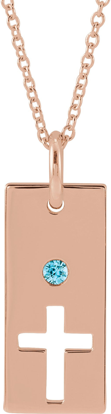 14K Gold Round Natural Blue Zircon Accented Cross Bar Necklace or Pendant - Rose Gold