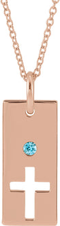 14K Gold Round Natural Blue Zircon Accented Cross Bar Necklace or Pendant - Rose Gold