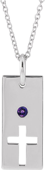 14K Gold Round Natural Amethyst Accented Cross Bar Necklace or Pendant - White Gold