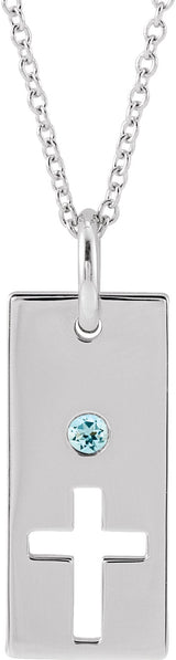 14K Gold Round Natural Aquamarine Accented Cross Bar Necklace or Pendant - White Gold