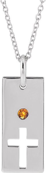 14K Gold Round Natural Citrine Accented Cross Bar Necklace or Pendant - White Gold