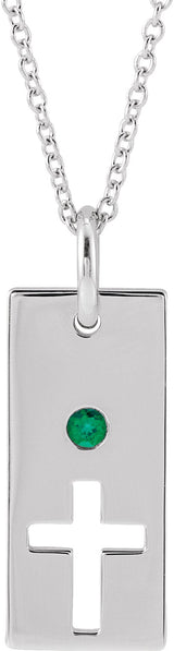 14K Gold Round Natural Emerald Accented Cross Bar Necklace or Pendant - White Gold