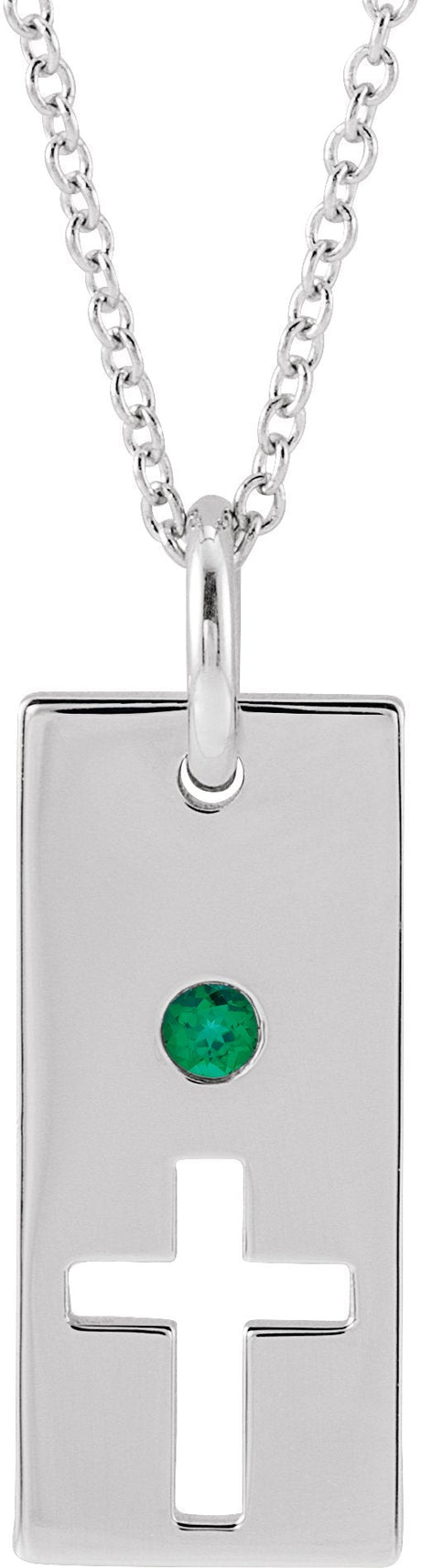 14K Gold Round Natural Emerald Accented Cross Bar Necklace or Pendant - White Gold