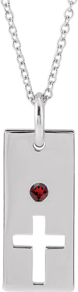 14K Gold Round Natural Mozambique Garnet Accented Cross Bar Necklace or Pendant - White Gold