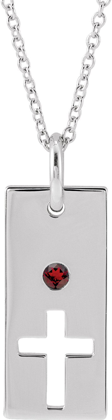 14K Gold Round Natural Mozambique Garnet Accented Cross Bar Necklace or Pendant - White Gold