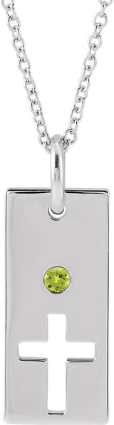 14K Gold Round Natural Peridot Accented Cross Bar Necklace or Pendant - White Gold
