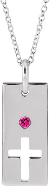 14K Gold Round Natural Pink Tourmaline Accented Cross Bar Necklace or Pendant - White Gold