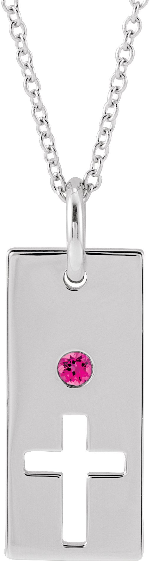 14K Gold Round Natural Pink Tourmaline Accented Cross Bar Necklace or Pendant - White Gold