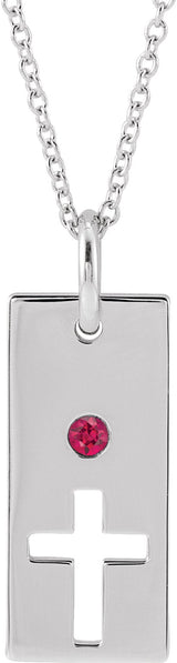 14K Gold Round Natural Ruby Accented Cross Bar Necklace or Pendant - White Gold