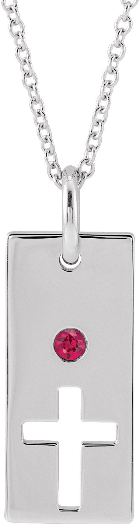 14K Gold Round Natural Ruby Accented Cross Bar Necklace or Pendant - White Gold