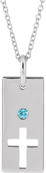 14K Gold Round Natural Blue Zircon Accented Cross Bar Necklace or Pendant - White Gold