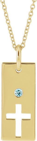 14K Gold Round Natural Aquamarine Accented Cross Bar Necklace or Pendant - Yellow Gold