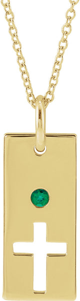 14K Gold Round Natural Emerald Accented Cross Bar Necklace or Pendant - Yellow Gold