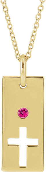 14K Gold Round Natural Pink Tourmaline Accented Cross Bar Necklace or Pendant - Yellow Gold