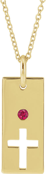14K Gold Round Natural Ruby Accented Cross Bar Necklace or Pendant - Yellow Gold