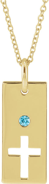 14K Gold Round Natural Blue Zircon Accented Cross Bar Necklace or Pendant - Yellow Gold