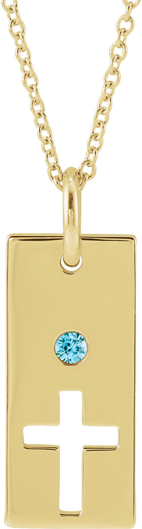 14K Gold Round Natural Blue Zircon Accented Cross Bar Necklace or Pendant - Yellow Gold