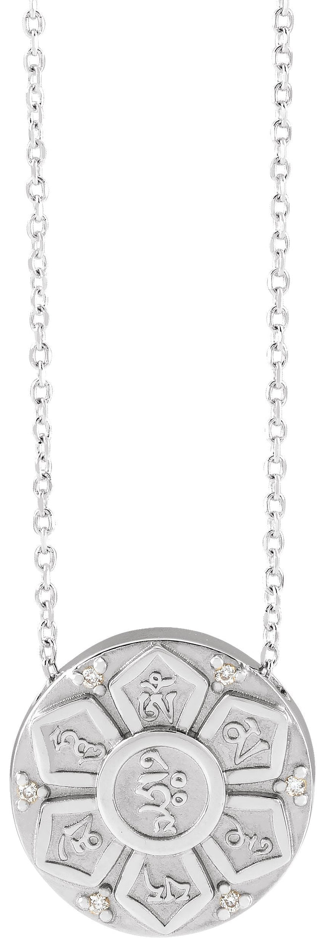 Platinum Round Natural Diamond Accented Mantra Necklace or Pendant