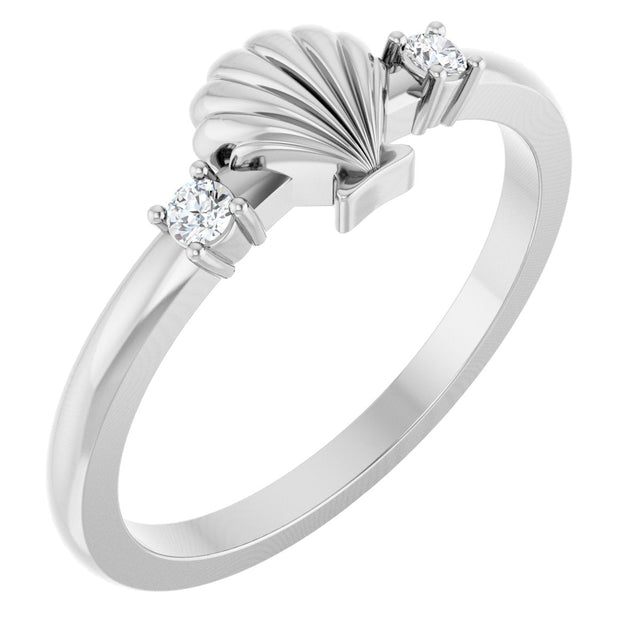 14K Gold Round Natural Diamond Seashell Ring - White Gold