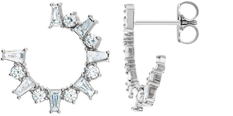 14K Gold Tapered Baguette Natural Diamond Baguette Front-Facing Hoop Earrings - White Gold